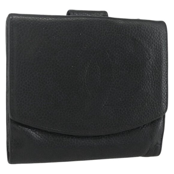 CHANEL Bifold Wallet Grained Calf Skin Black Gold CC Auth bs31460